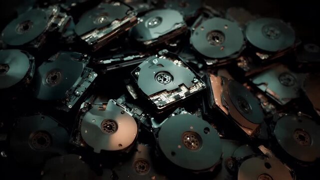 Electronic waste. Environment ecosystem pollution. Recycling. A closeup shot of a pile of hard drives, showcasing intricate details of their internal components.