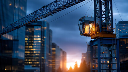 Tower crane silhouetted against skyscrapers during construction skyline, urban building operations backdrop, metropolitan development scene, high-rise construction atmosphere, with copy space