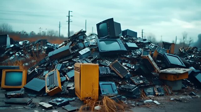 Electronic waste. Environment ecosystem pollution. Recycling. Aerial view of a pile of old electronic devices, including televisions and other miscellaneous items.
