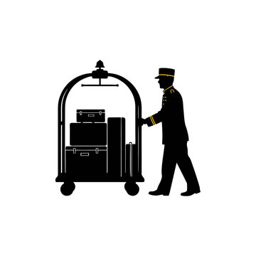 Silhouette of professional hotel porter carrying suitcase isolated on white background.