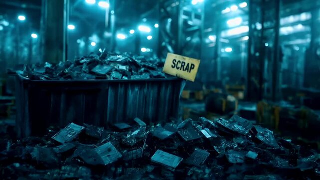 Electronic waste. Environment ecosystem pollution. Recycling. A closeup shot of a dumpster filled with assorted metal items, with a sign reading SCRAP in the foreground.