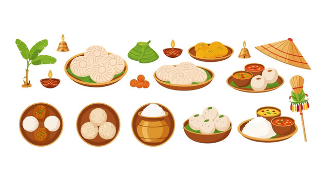 Vector illustration of traditional Assamese harvest culture feast for Magh Bihu, showcasing various Indian dishes and foods on plates and in bowls against a clean white background.