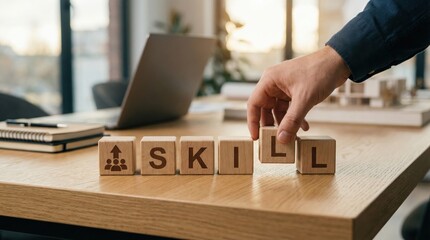 Wooden cubes forming word SKILL with icons of growth,team development,career planning and learning,professional improvement concept