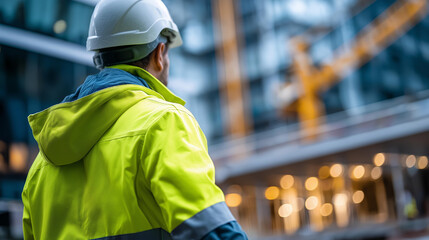 Faceless construction worker wearing bright neon yellow safety jacket and white hard hat in front of modern building under construction, cranes in background, defocused person, with copy space