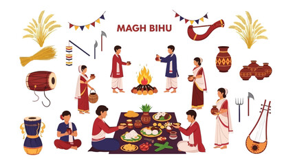 Vector illustration of Magh Bihu celebrations depicting Assamese harvest culture with people feasting and enjoying traditional Indian festivities.