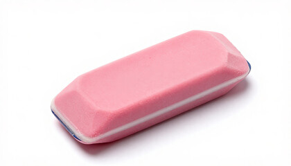 Bright pink rubber eraser on clean white background, essential for school and office error correction