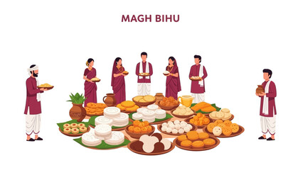 Vector illustration of a traditional Assamese harvest feast for Magh Bihu, with people in ethnic attire gathered around a variety of foods on platters, set against a clean white background.
