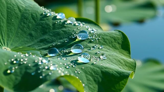 Captivating Dew Drops On A Serene Lotus Leaf A Symbol Of Freshness And Tranquility