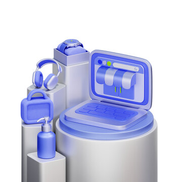 3D icon of a laptop displaying a store interface with product categories For marketplace listing, product collection, e-commerce platform, and online retail management.