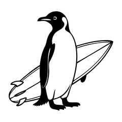 Logo club de surf. Dibujo sencillo con líneas de pingüino con tabla de surf bajo el ala © teracreonte