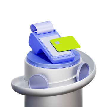 3D icon of a portable card reader with a credit card and coins For credit card payment, successful transaction, banking service, and financial technology.