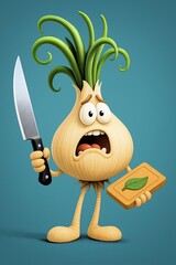 Cartoon caricature of frightened vegetables in the kitchen