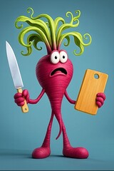 Cartoon caricature of frightened vegetables in the kitchen