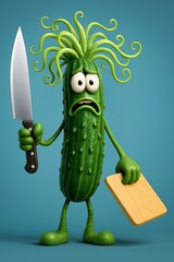 Cartoon caricature of frightened vegetables in the kitchen