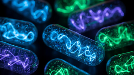 Microscopic view of colorful bacteria with glowing DNA strands in a dark environment