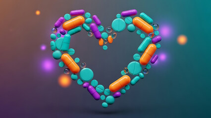 A 3D heart-shaped arrangement of pills and capsules on a gradient background