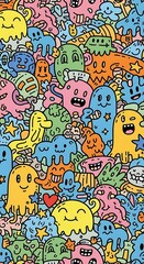 Colorful Doodle Art Featuring Whimsical Cartoon Characters and Abstract Shapes.