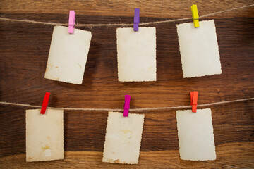 Stack old photos with blank copy space , isolated on white background. abstract textured backdrop, postcard mockup