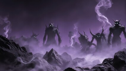 Mysterious Demonic Figures Emerge from Ethereal Purple Mist on Rocky Terrain.