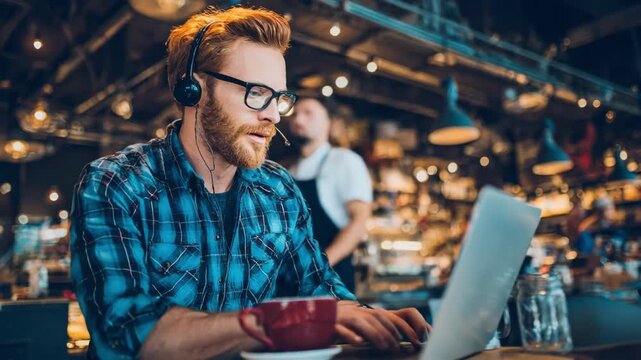 Remote consultation featuring a focused worker using a microphone and laptop for a seamless online client discussion.