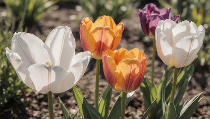 Vibrant Spring Tulips Bloom in a Sunny Garden Bed.