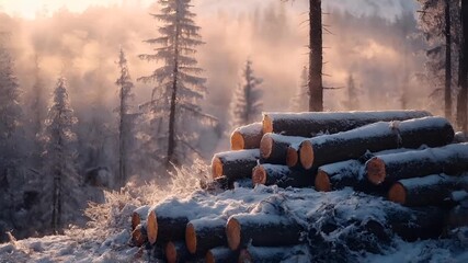 Deforestation. Environment conservation. Ecosystem. A closeup of a snowcovered forest during what appears to be early morning or late afternoon, with the sun casting a warm.