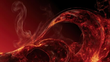 Abstract Fiery Red and Orange Swirls with Wisps of Smoke on a Dark Background.