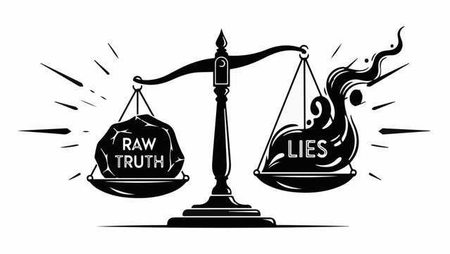 A balance scale weighs raw truth against destructive lies, symbolizing justice and consequence.