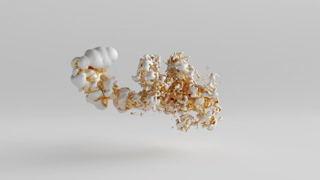 Abstract 3D animation. A jet of white and gold liquid metallic substance flows and changes chaotically on a white background, eventually dissolving and disappearing. Fantastic morphing effect