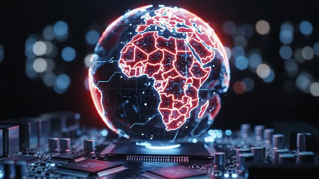 Glowing red and blue globe with circuit board and microchips in the background