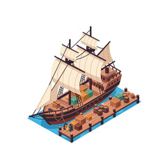 Detailed isometric illustration of a vintage wooden sailing ship docked at a bustling harbor pier, loaded with various cargo crates, depicting an old maritime transport and trade scene