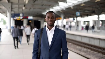 都市部の駅前で、ビジネス男性が落ち着いた表情で通勤するシーン。
駅舎や通行人、構造物が背景にぼかされ、現代的な都市の通勤ライフスタイルを表現。