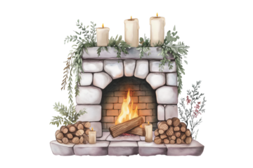 Cozy Fireplace Watercolor Illustration with Burning Fire, Firewood, Candles, and Plants Isolated on Transparent Background