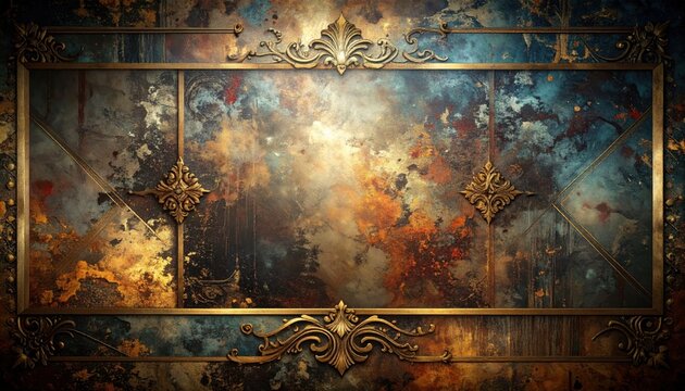 Abstract Painting with Ornate Gold Frame - A Symphony of Colors and Textures.