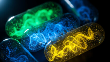 Colorful pills with glowing DNA strands in a dark environment viewed from above