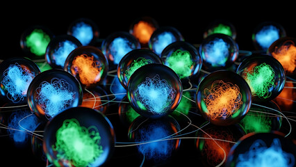 Vibrant spheres illuminated in a dark environment, showcasing colorful reflections and abstract patterns.