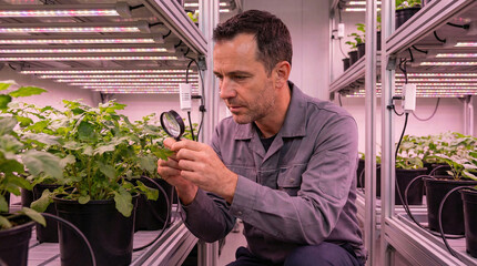 Man inspecting plant with magnifying glass under grow lights  