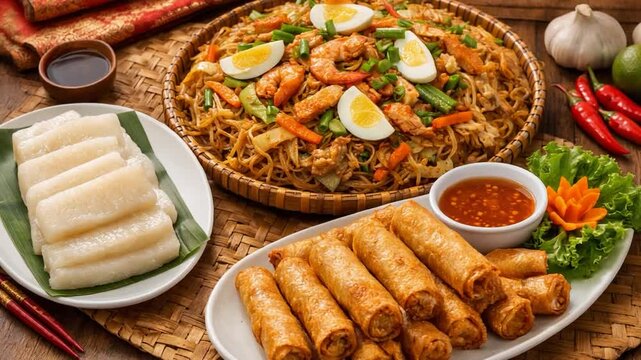 A classic Filipino meal featuring pancit noodles, crispy lumpia spring rolls, rice, and dipping sauce served on a festive table.