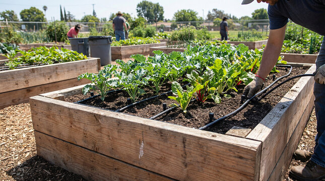 Gardening worker tending to raised bed with drip irrigation system  