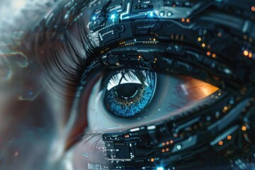 Blue human eye is merging with futuristic technology in a conceptual image about artificial intelligence