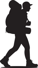 Silhouette of a hiker carrying a large backpack and walking