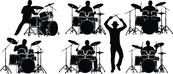 Drummer silhouette collection featuring musician playing drum kit with sticks and cymbals, percussionist performing on stage for live music concert and band rehearsal sessions,
