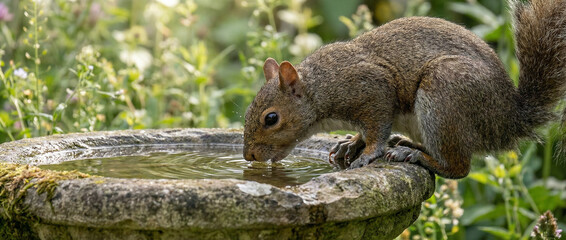Squirrel drinking from birdbath in garden surrounded by greenery  