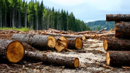 Deforestation. Environment conservation. Ecosystem. A closeup of a forest with tall, slender trees and a clear sky. The forest floor is littered with logs and debris.