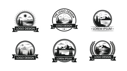 Collection of black and white mountain landscape logo designs with circular frames
