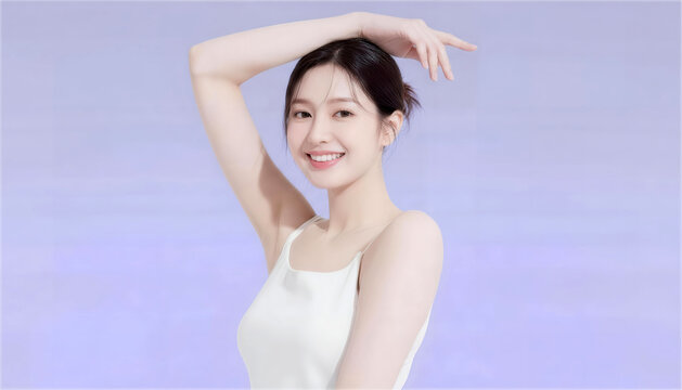 薄紫の背景で優雅に腕を上げて微笑む白い服の女性