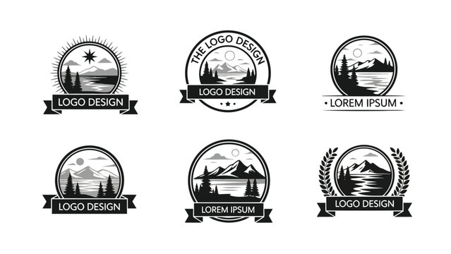 Collection of black and white mountain landscape logo designs with circular frames