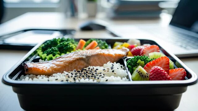 Balanced Bento Box Featuring Salmon and Rice for Healthy Eating on the Go
