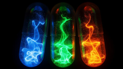 Glowing capsules containing vibrant, swirling patterns in blue, green, and orange hues against a dark background