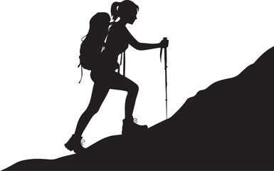 Silhouette of a Hiker Climbing a Mountain with Trekking Poles